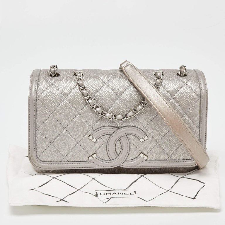 Chanel Silver Quilted Caviar Leather Small CC Filigree Flap Bag For Sale at  1stDibs