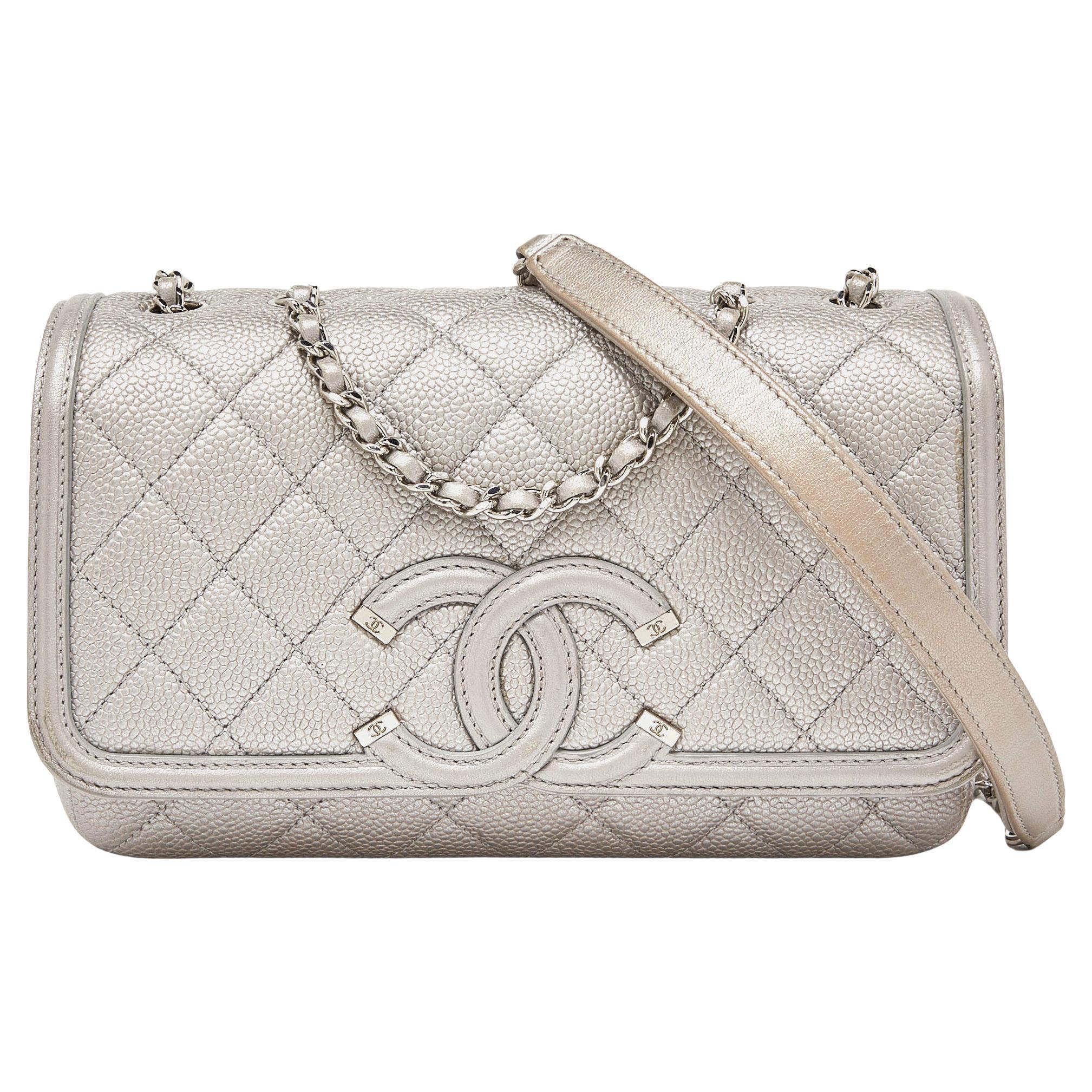 Chanel Silver Quilted Caviar Leather Small CC Filigree Flap Bag