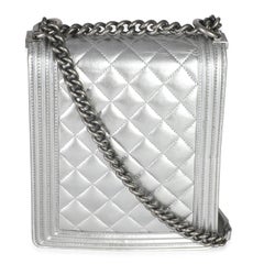Chanel Silver Quilted Crinkled Goatskin North South Boy Bag
