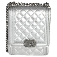 Chanel Silver Quilted Crinkled Goatskin North South Boy Bag