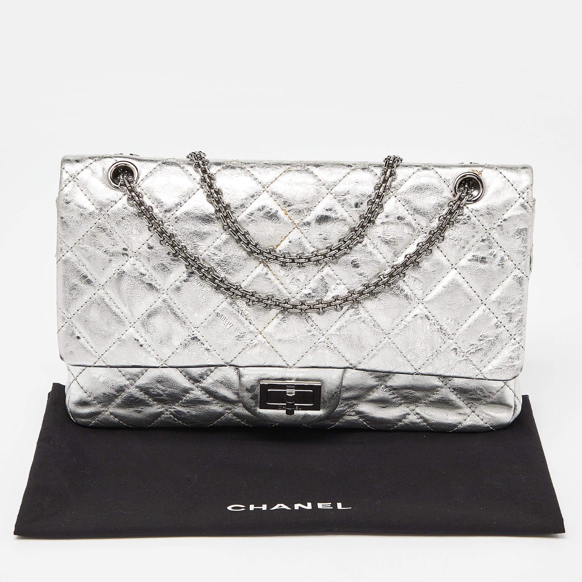 Chanel Silver Quilted Crinkled Leather Reissue 2.55 Classic 227 Double Flap Bag 10