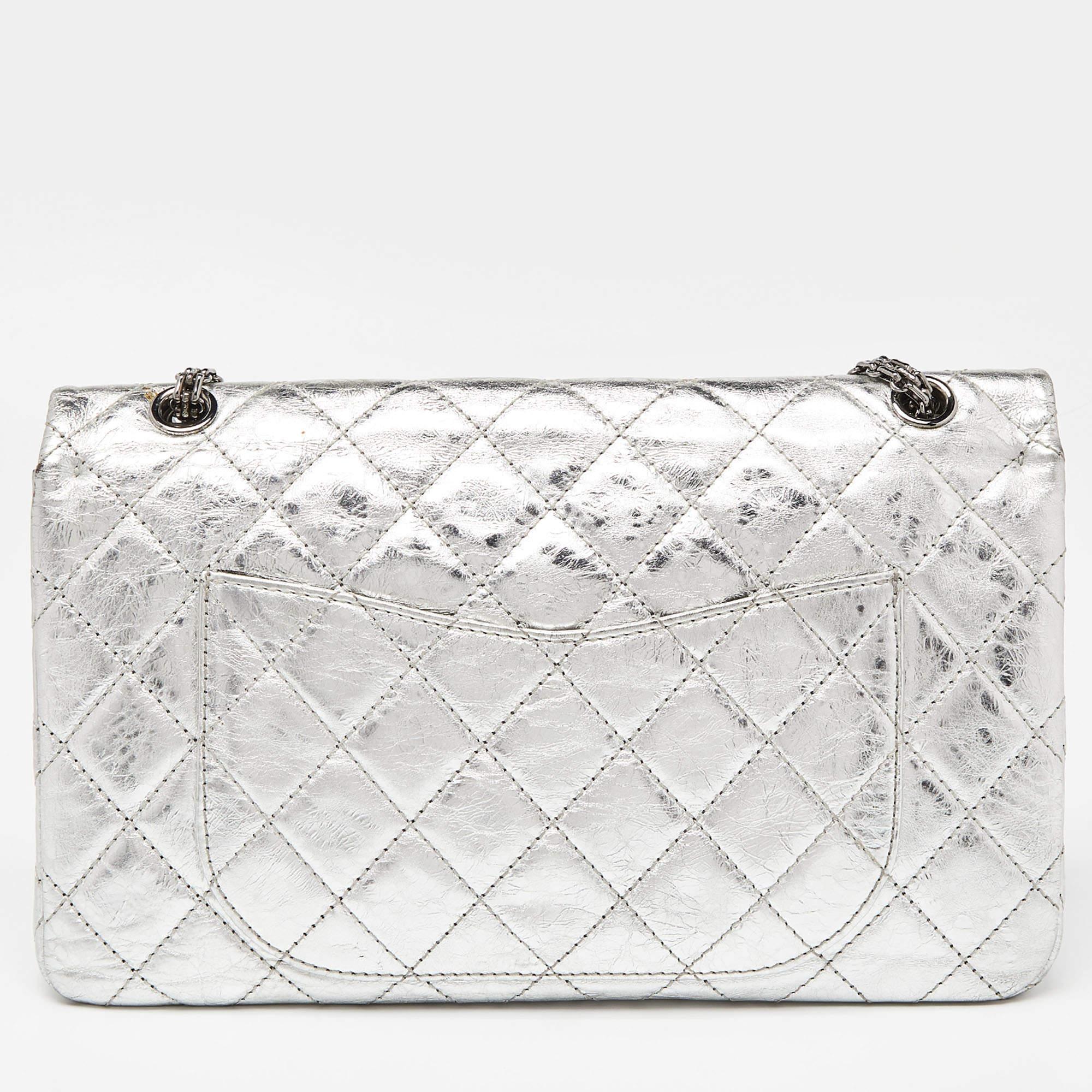 Women's Chanel Silver Quilted Crinkled Leather Reissue 2.55 Classic 227 Double Flap Bag