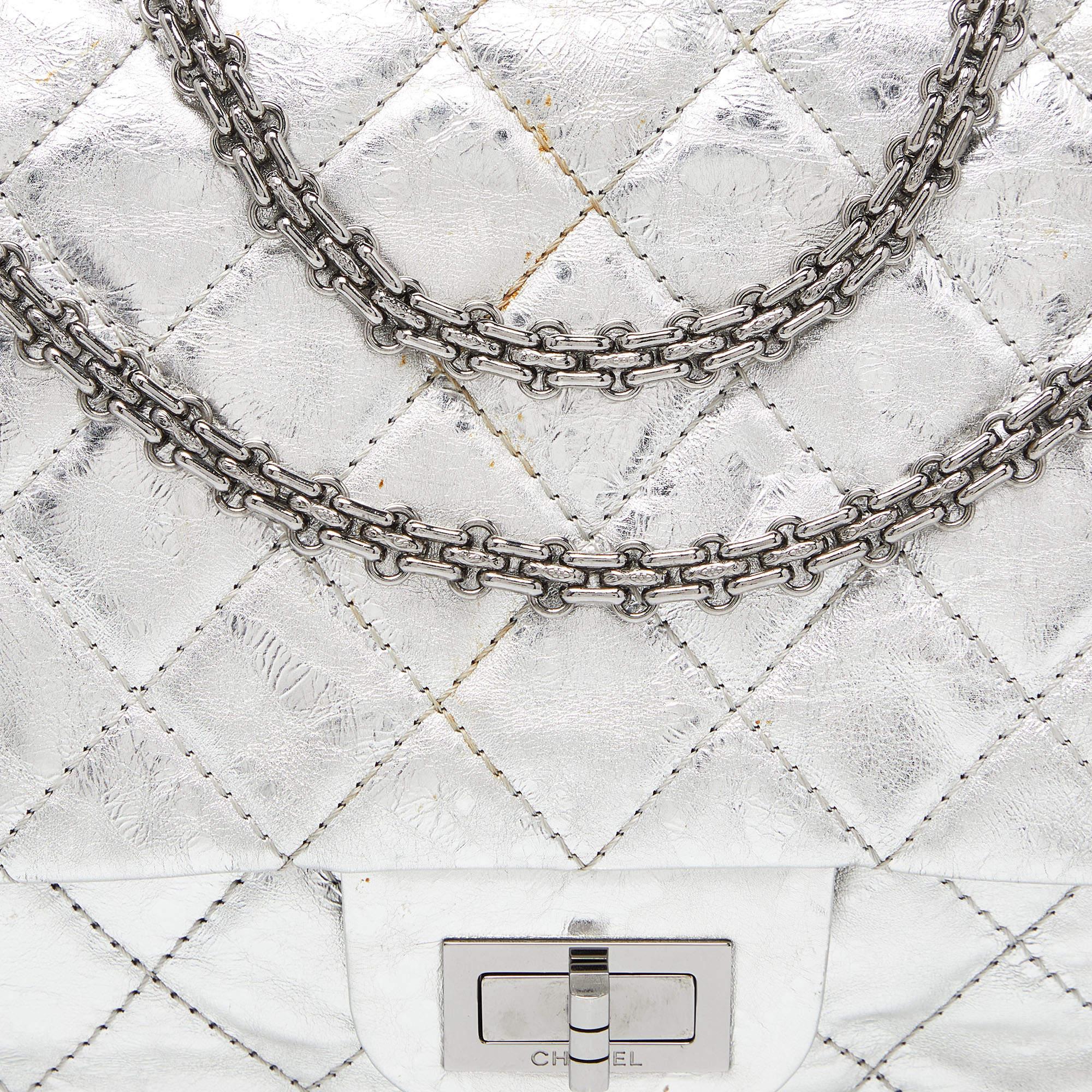 Chanel Silver Quilted Crinkled Leather Reissue 2.55 Classic 227 Double Flap Bag 1