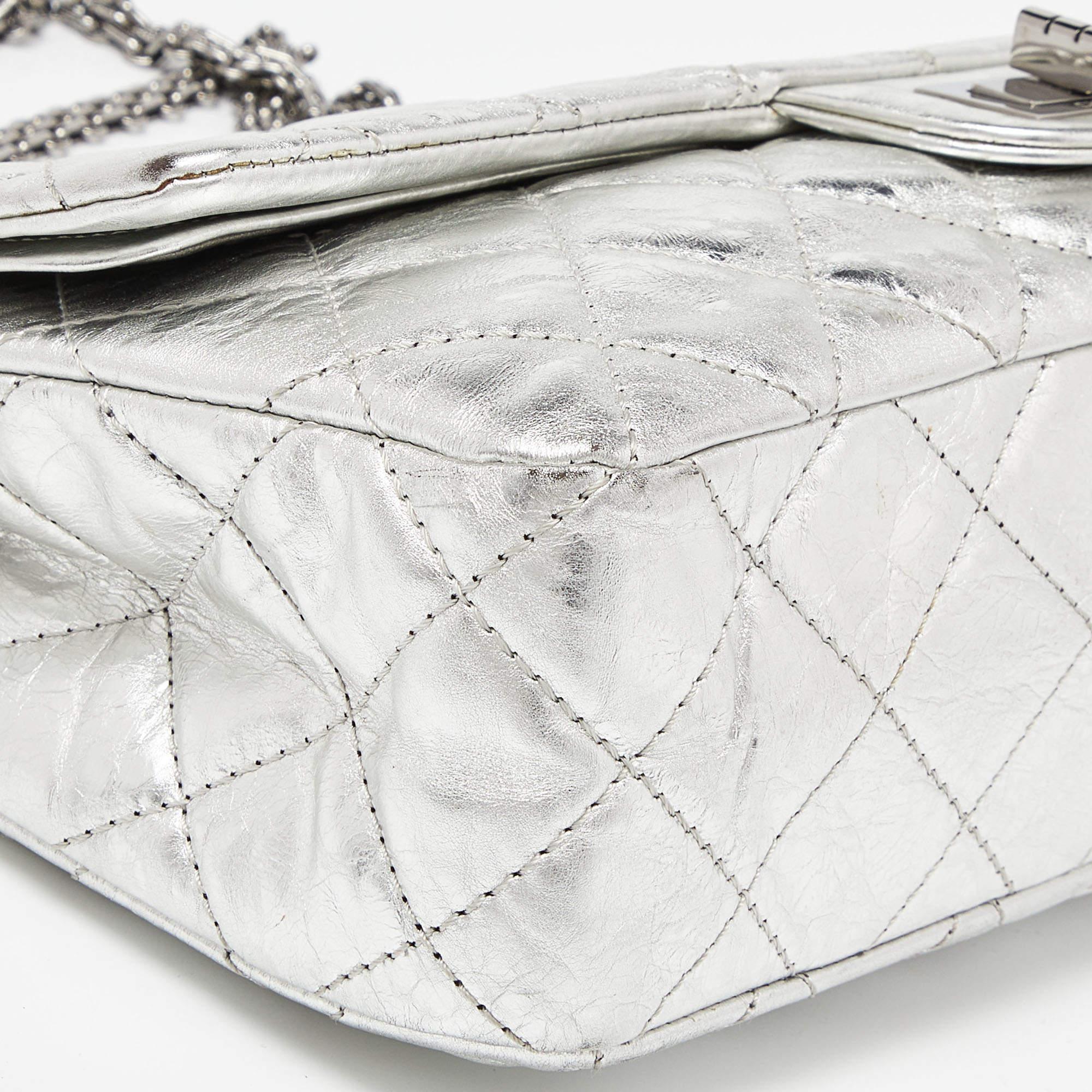 Chanel Silver Quilted Crinkled Leather Reissue 2.55 Classic 227 Double Flap Bag 5