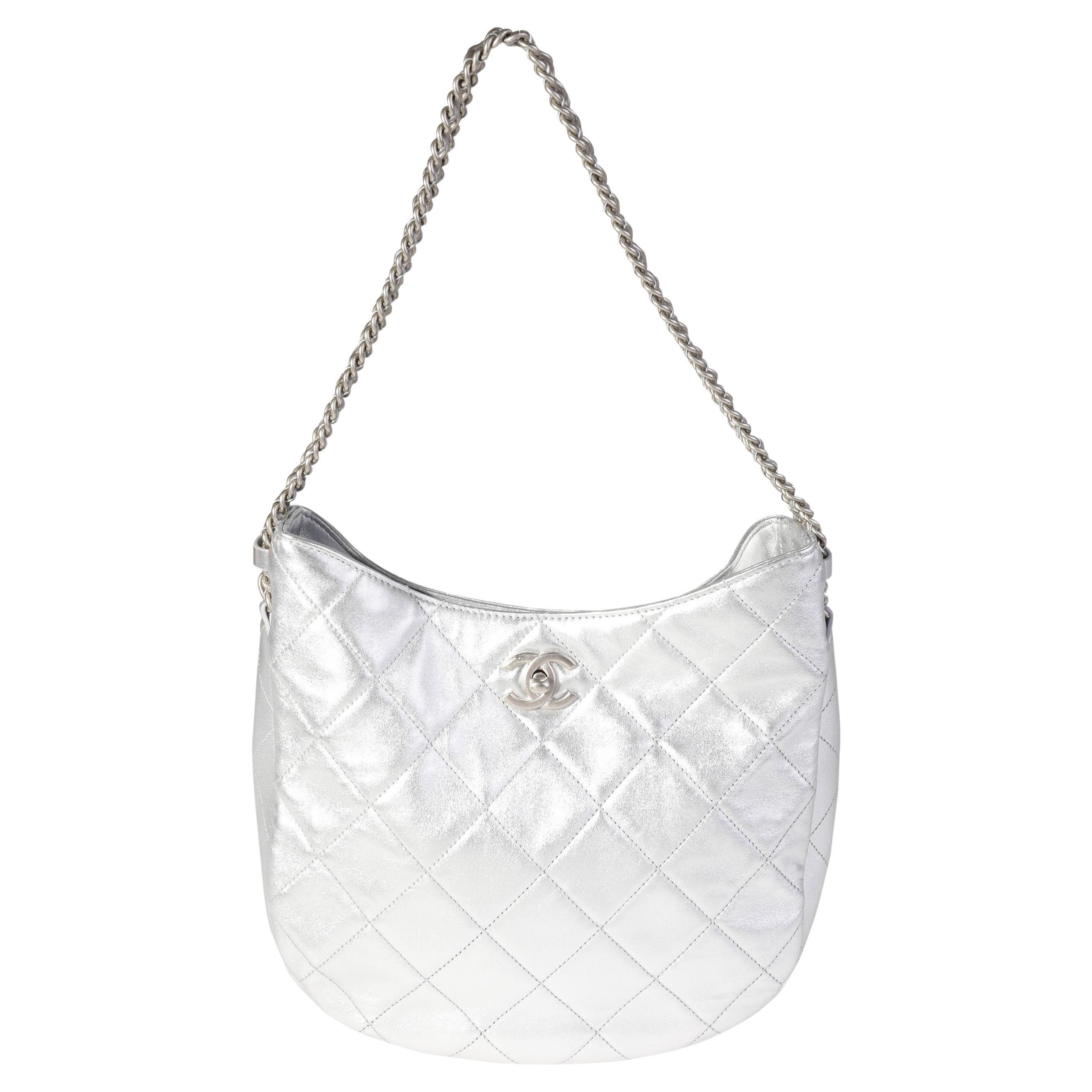 Chanel Silver Quilted Lambskin Chain Hobo at 1stDibs