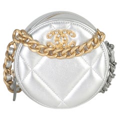 Chanel-Silver Quilted Lambskin Chanel 19 Round Pouch