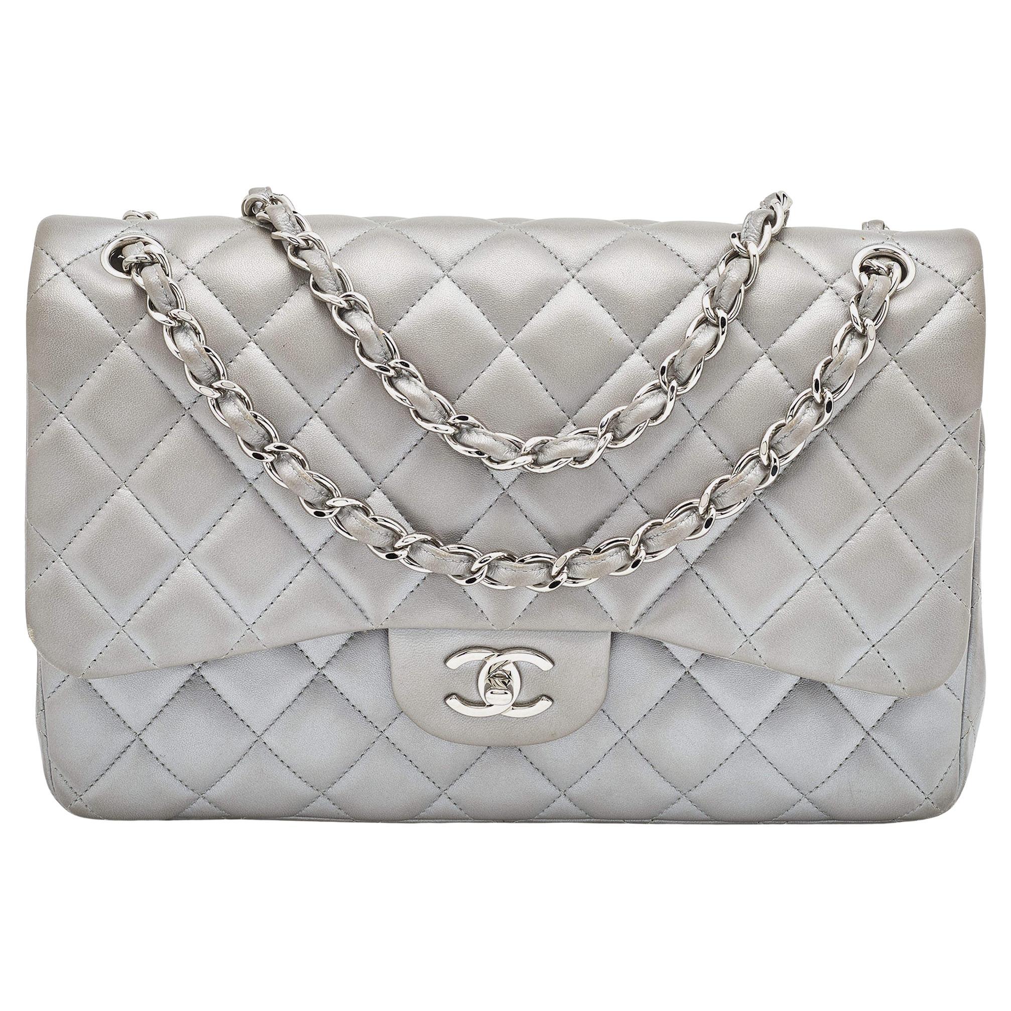 Chanel Shoulder Bag Silver Calfskin