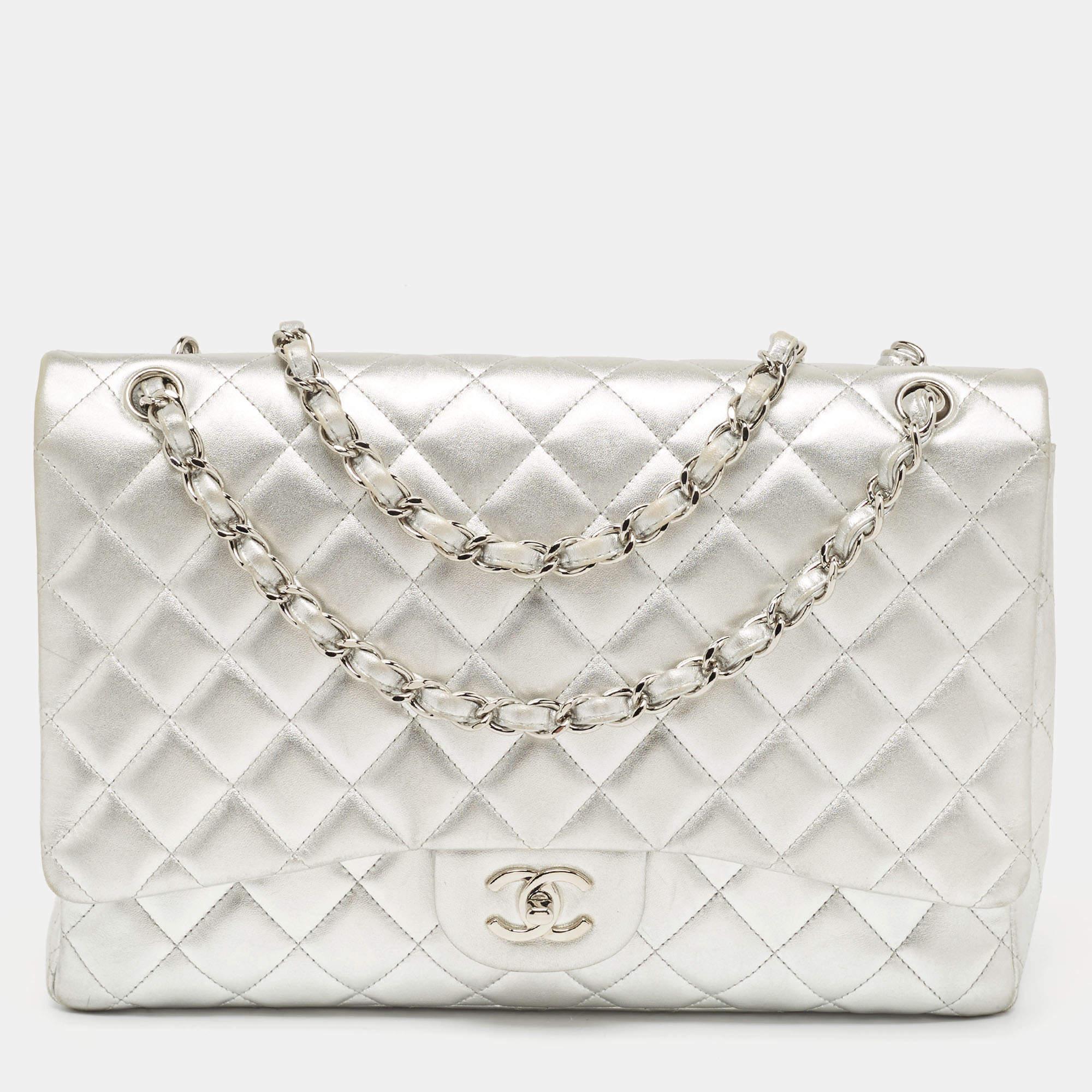 Chanel Silver Quilted Lambskin Leather Maxi Classic Single Flap Bag For Sale 10