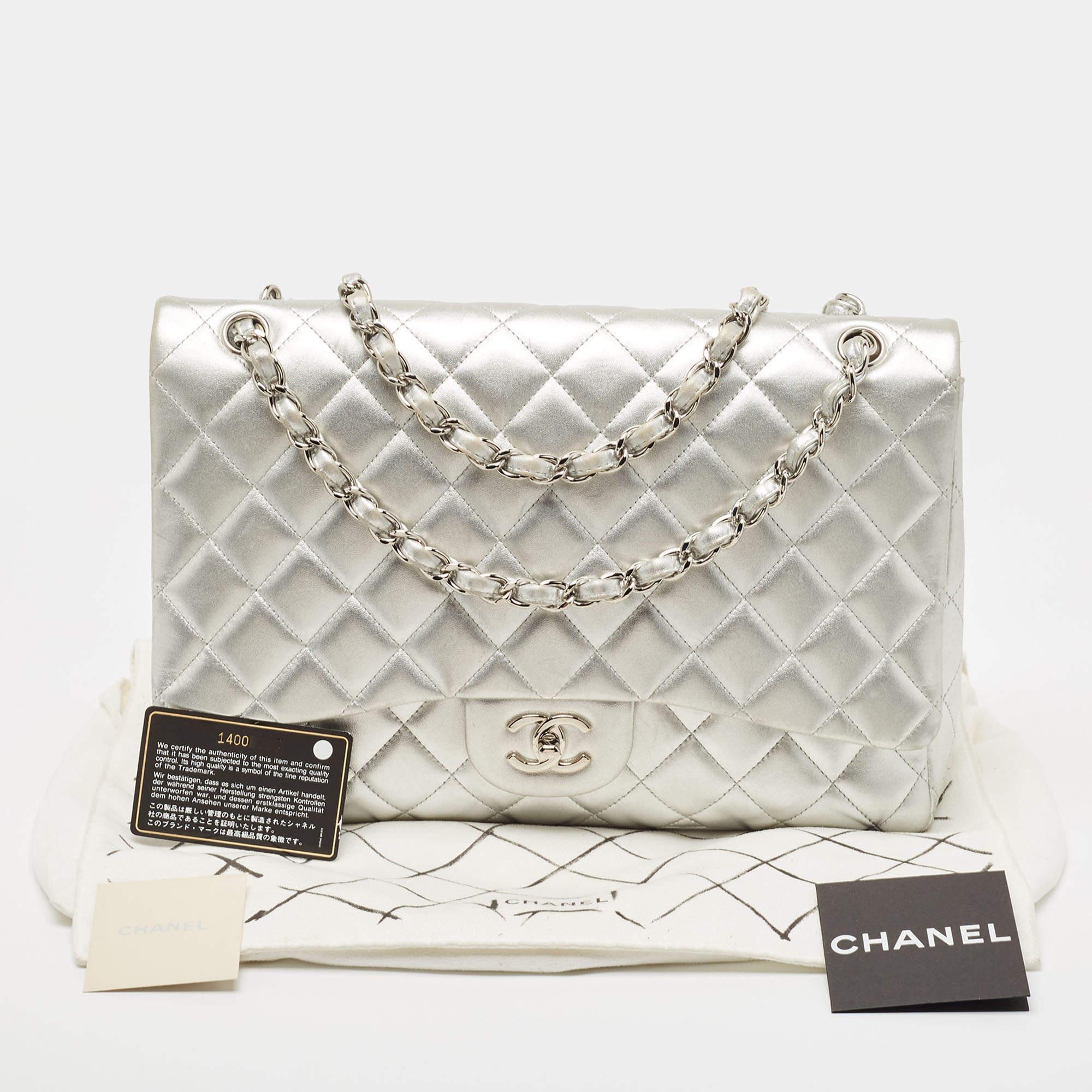 Chanel Silver Quilted Lambskin Leather Maxi Classic Single Flap Bag For Sale 14