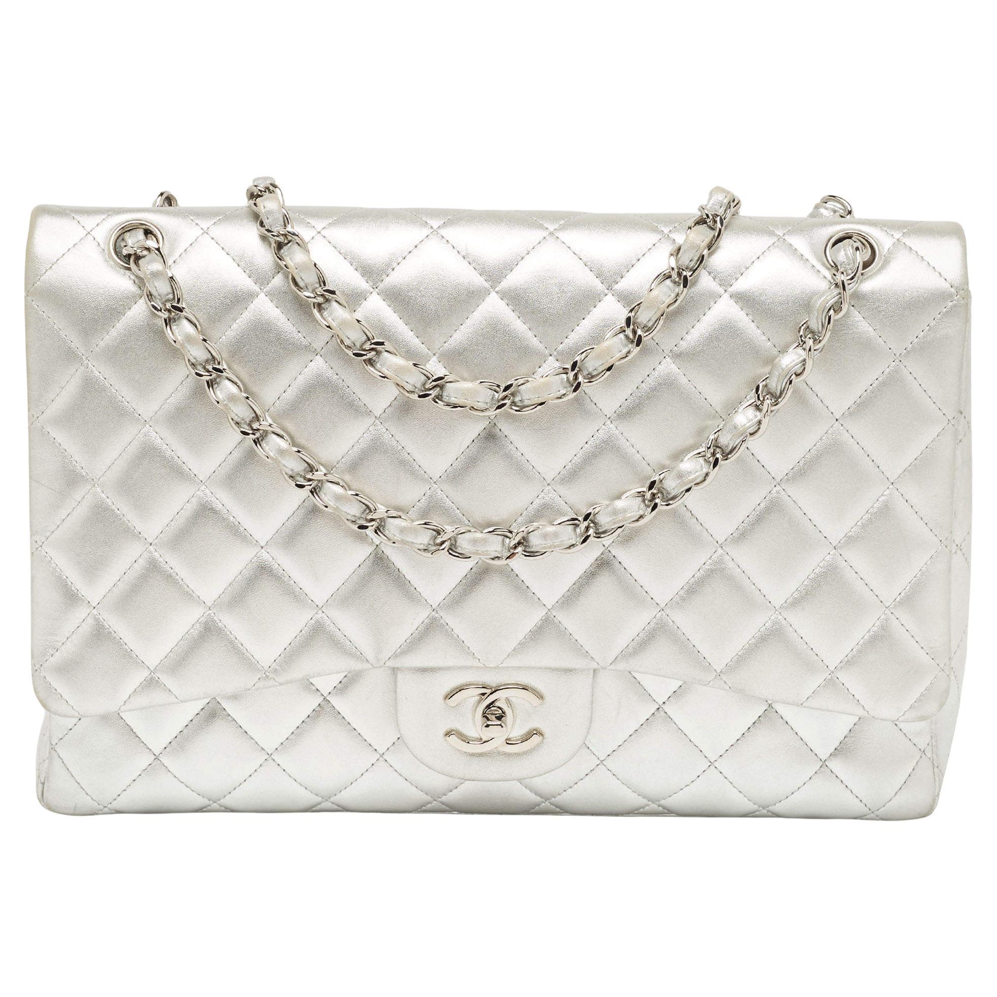 Chanel Silver Quilted Lambskin Leather Maxi Classic Single Flap Bag For Sale