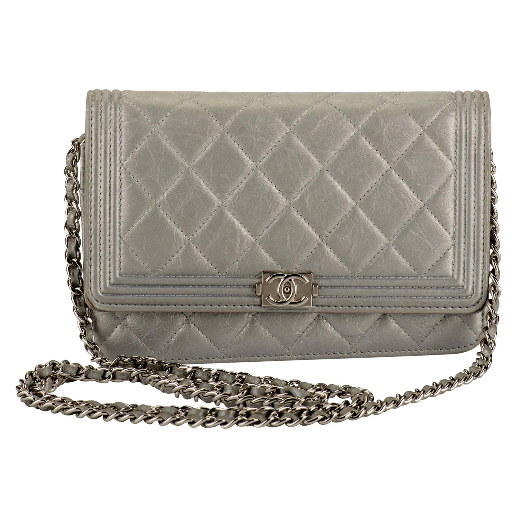 Chanel Silver Quilted Leather Boy Bag Crossbody 