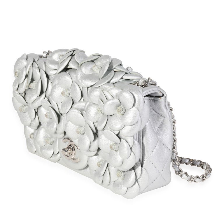 Chanel Silver Quilted Leather Camellia Mini Rectangular Flap Bag For Sale  at 1stDibs