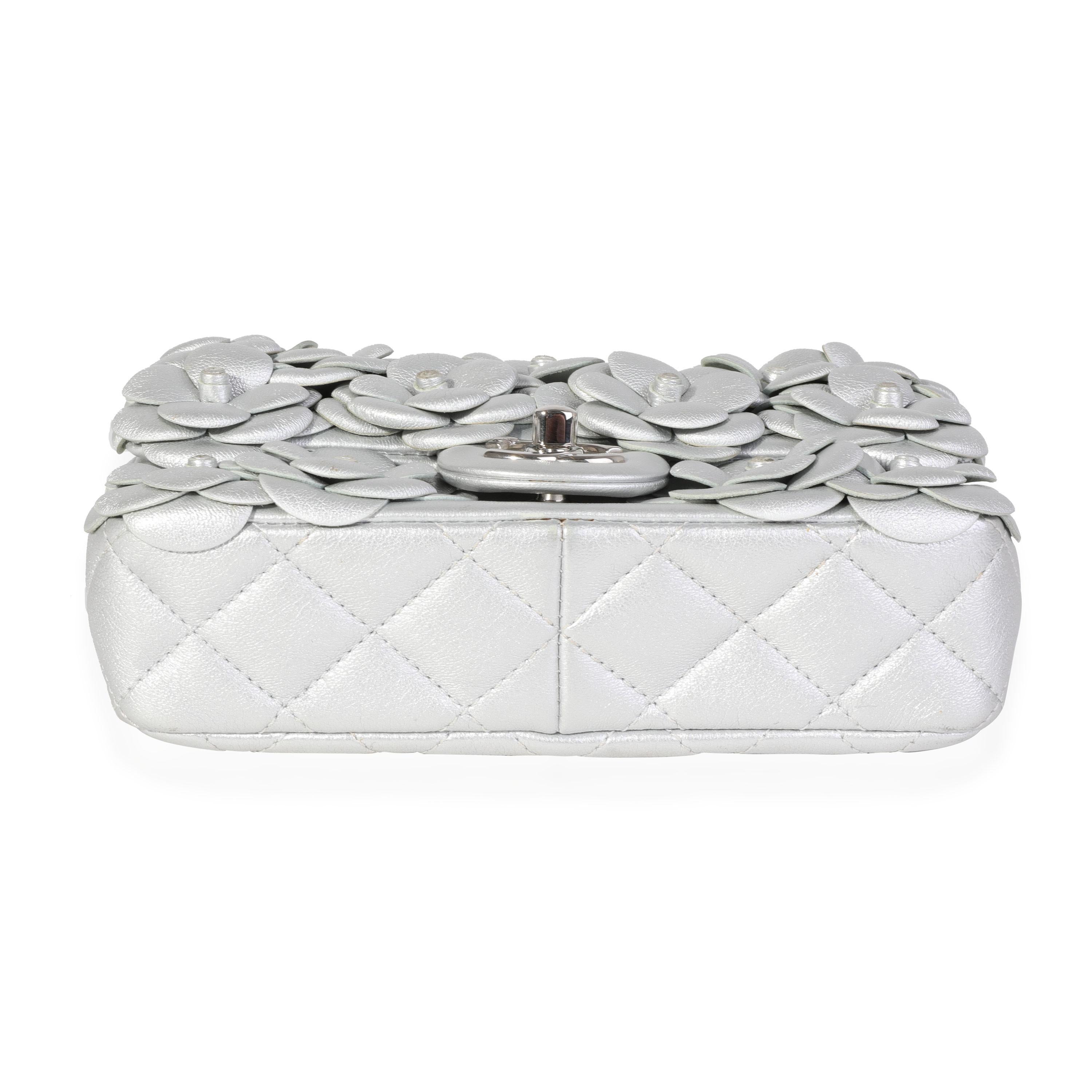 Chanel Silver Quilted Leather Camellia Mini Rectangular Flap Bag 1