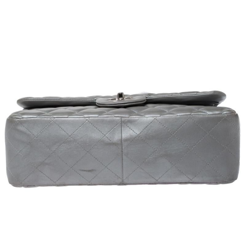 Chanel Silver Quilted Leather Jumbo Classic Double Flap Bag 6
