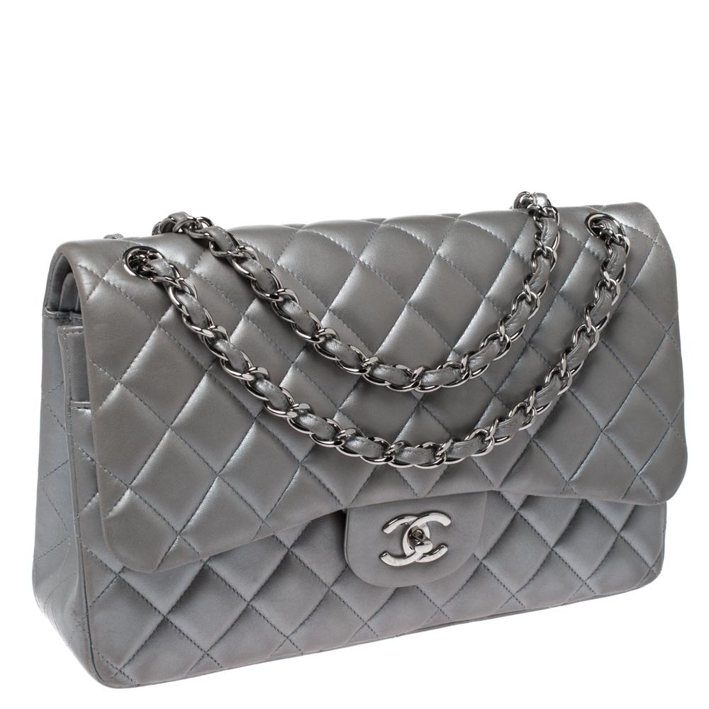 Chanel Silver Quilted Leather Jumbo Classic Double Flap Bag 7