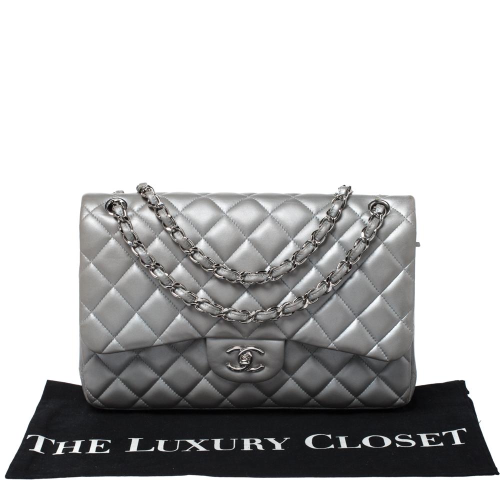 Chanel Silver Quilted Leather Jumbo Classic Double Flap Bag 8