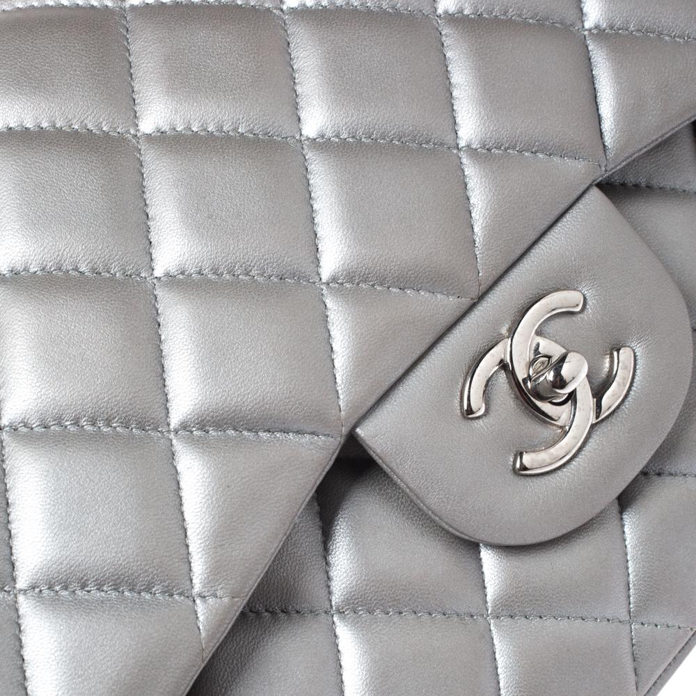 Chanel Silver Quilted Leather Jumbo Classic Double Flap Bag 5