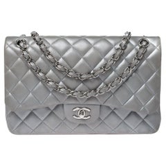 Chanel Silver Quilted Leather Jumbo Classic Double Flap Bag