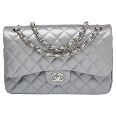 Chanel Silver Quilted Leather Jumbo Classic Double Flap Bag