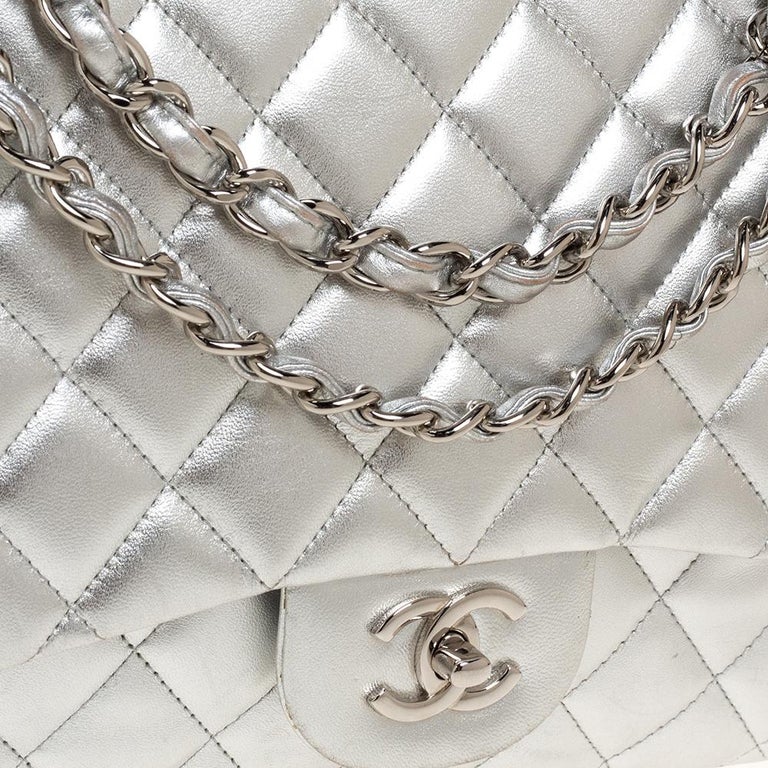 Chanel SIlver Quilted Leather Maxi Classic Single Flap Bag