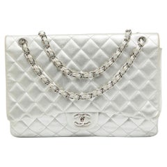 Chanel Silver Quilted Leather Maxi Classic Single Flap Bag