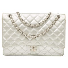 Chanel Silver Quilted Leather Maxi Classic Single Flap Bag