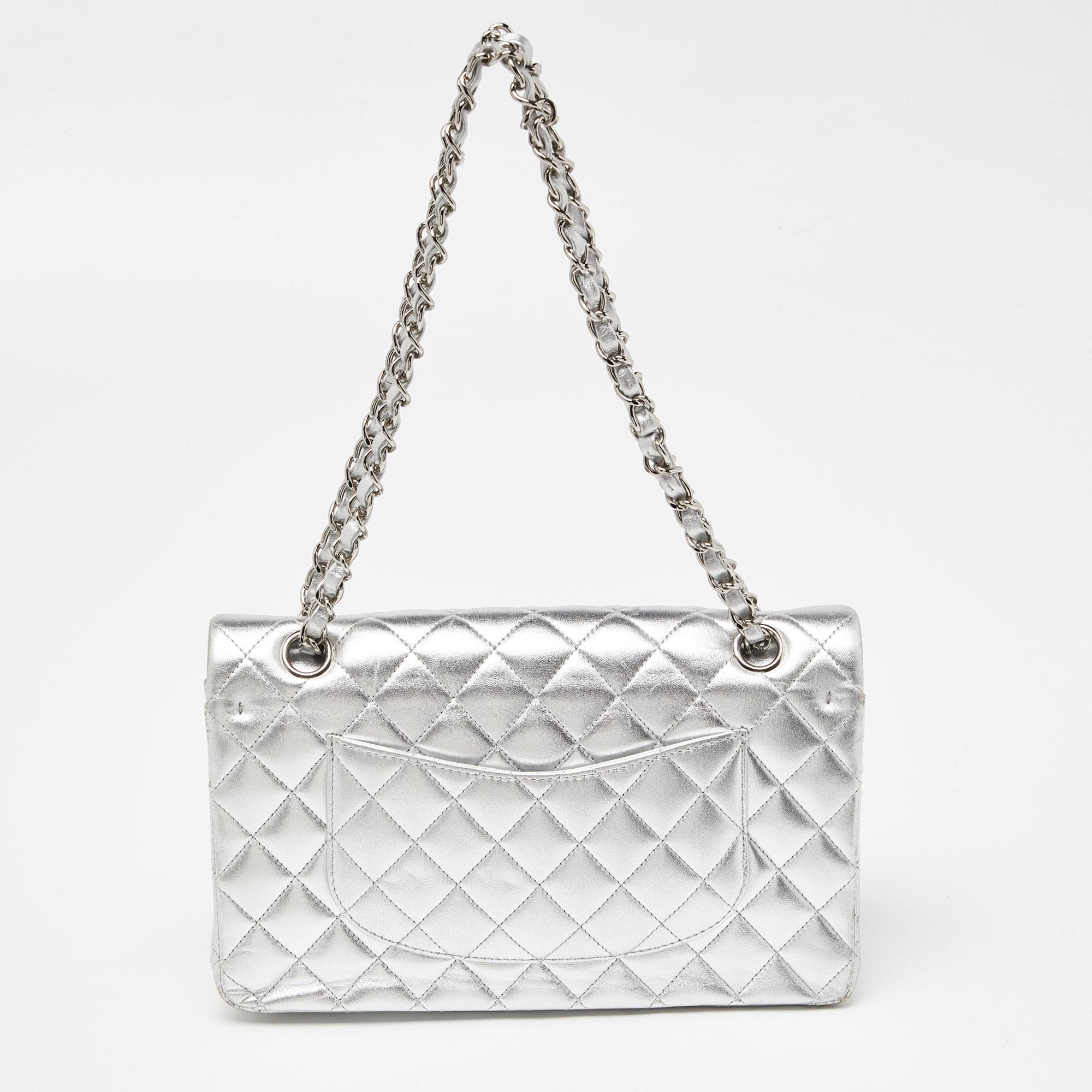 Chanel Silver Quilted Leather Medium Classic Double Flap Bag For Sale 6