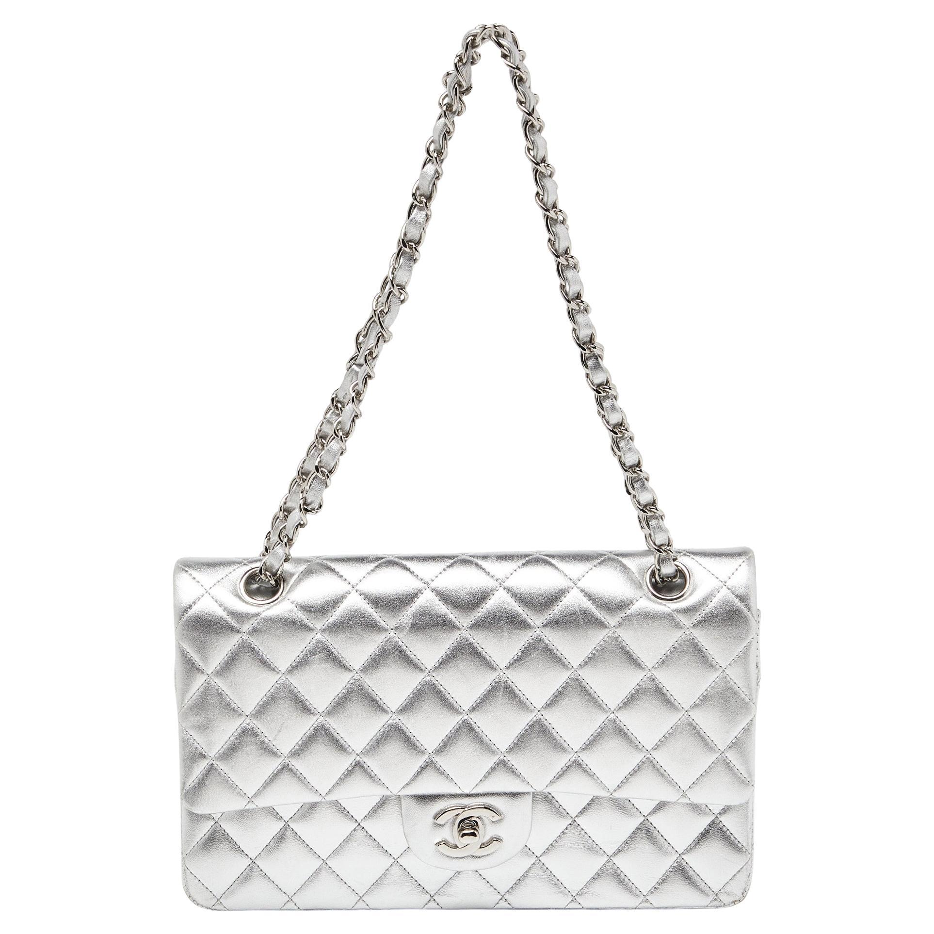 Chanel Silver Quilted Leather Medium Classic Double Flap Bag For Sale