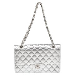 Chanel Silver Quilted Medium Classic Leather Double Flap Bag