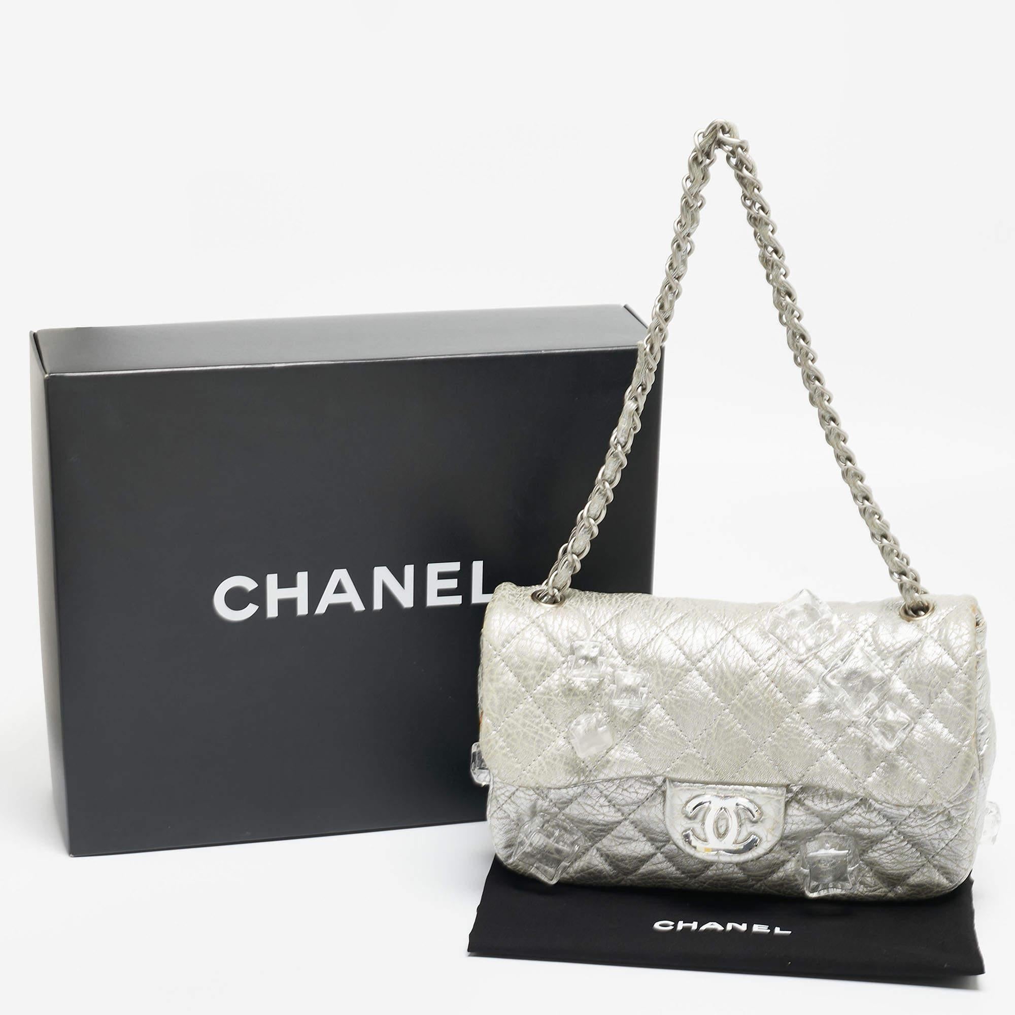 Chanel Silver Quilted Leather Medium Classic Flap Shoulder Bag For Sale 16