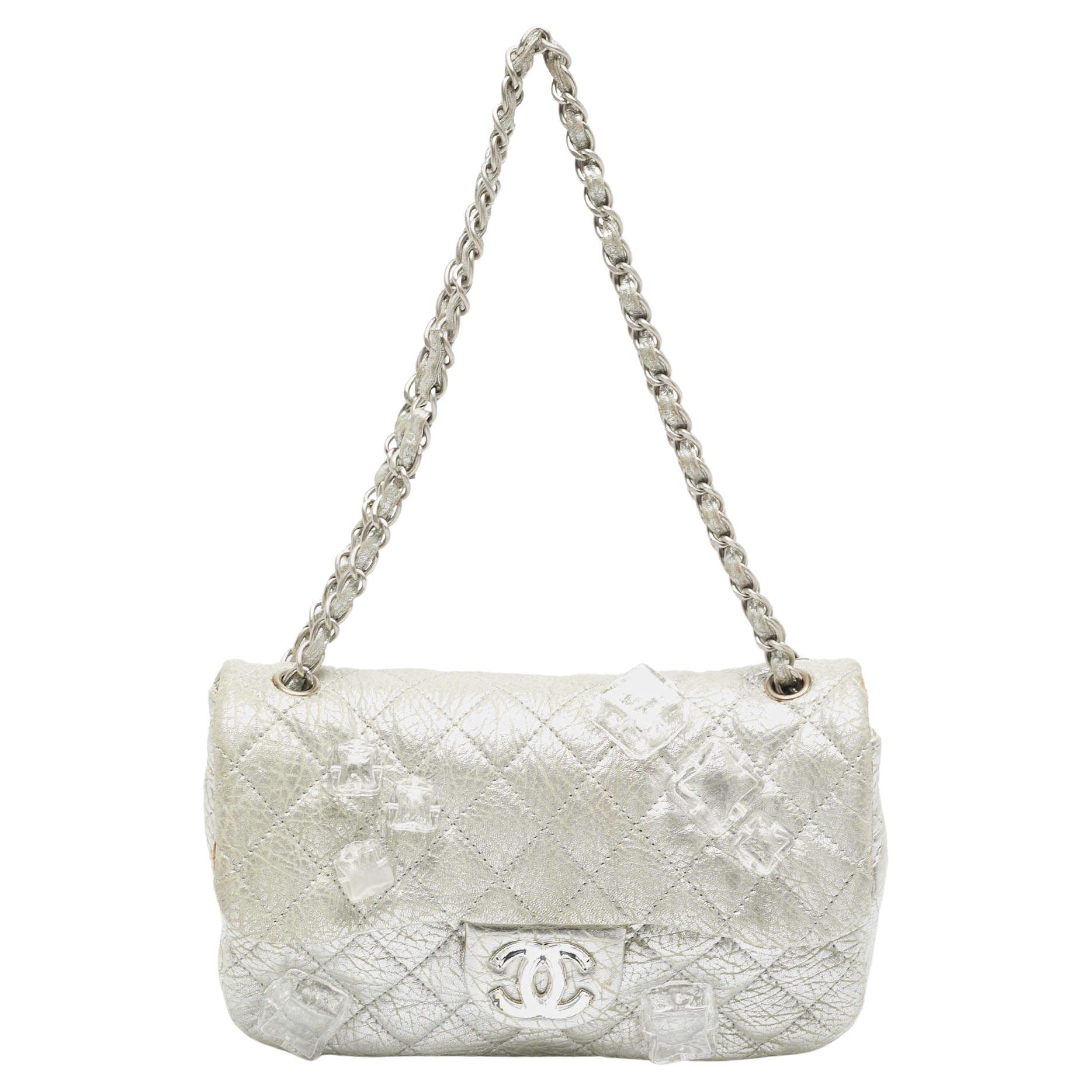 Chanel Silver Quilted Leather Medium Classic Flap Shoulder Bag For Sale