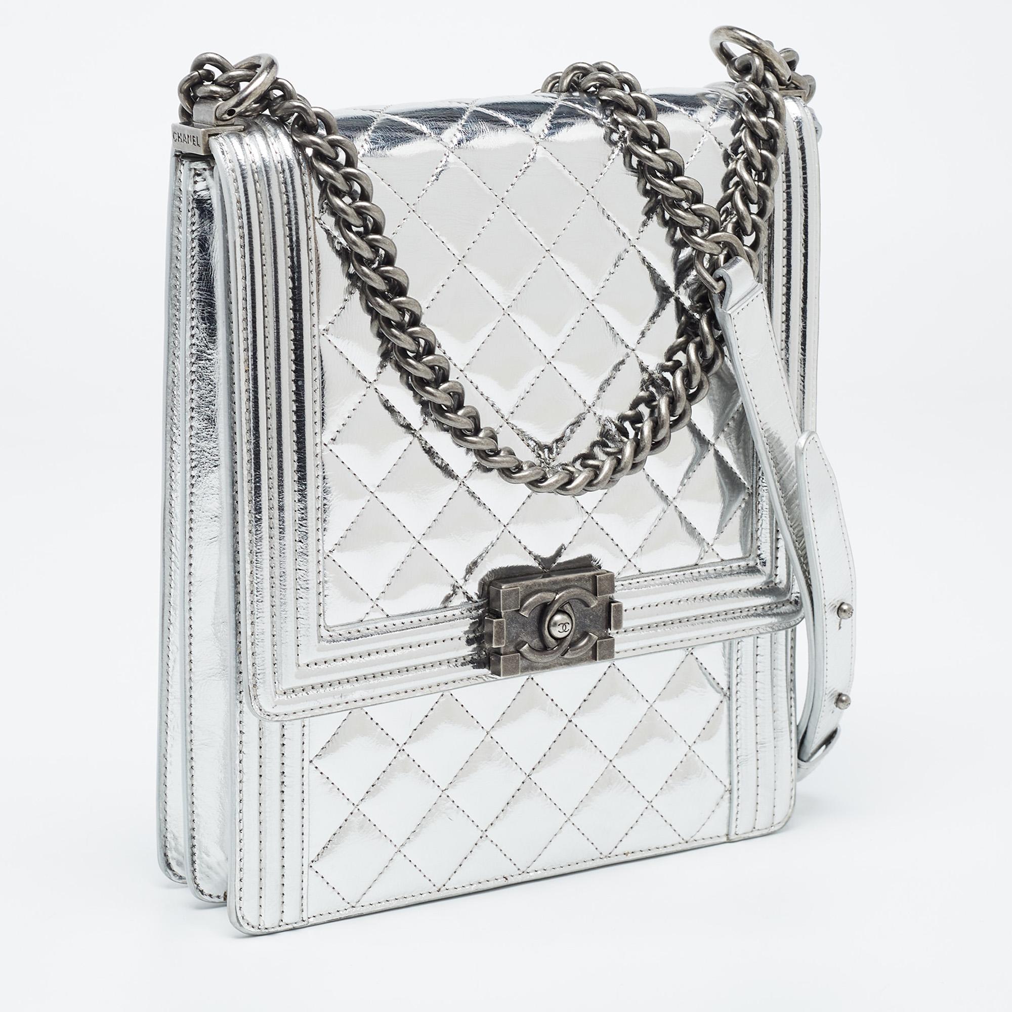 Chanel Silver Quilted Leather North South Boy Flap Bag For Sale 6