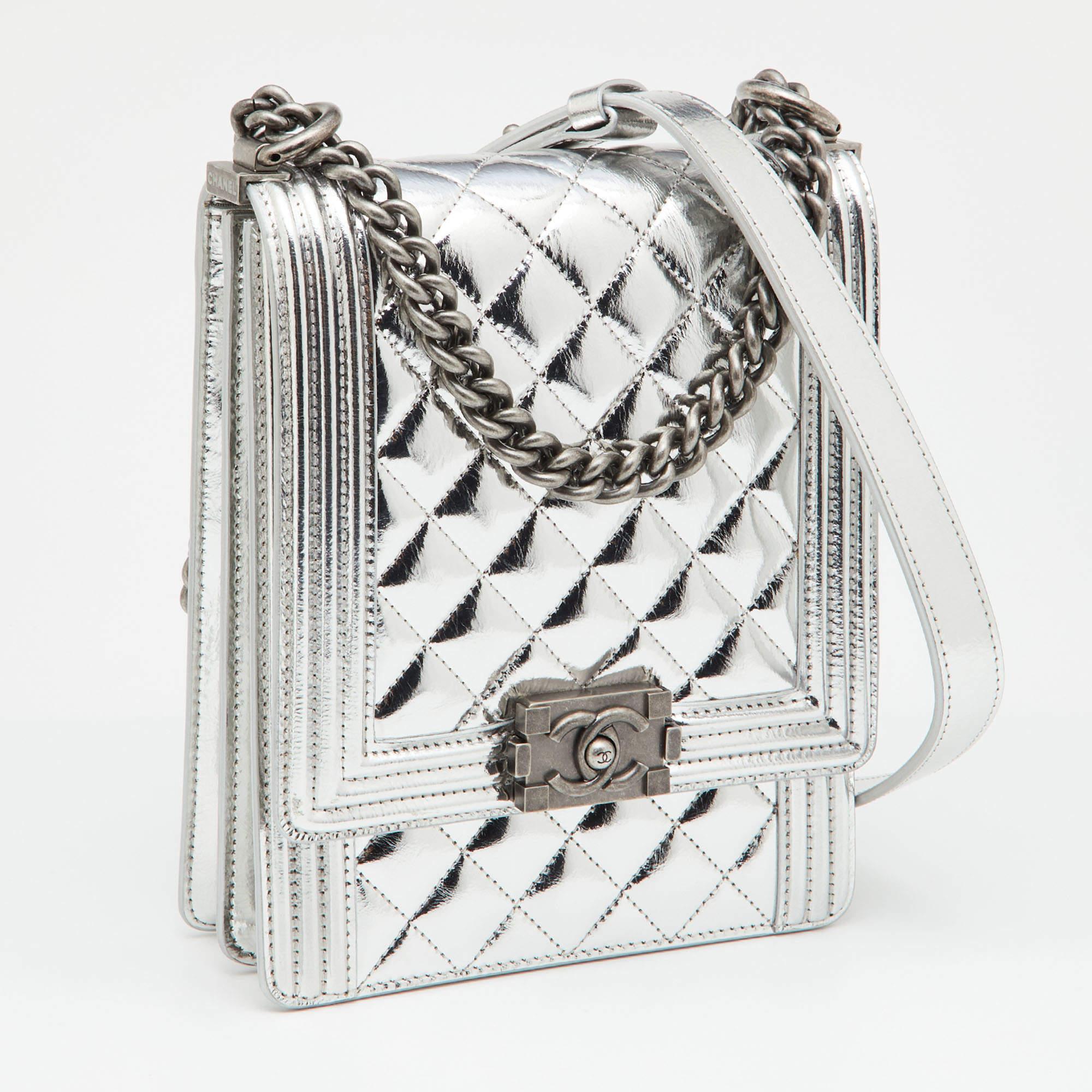 Women's Chanel Silver Quilted Leather North South Boy Flap Bag