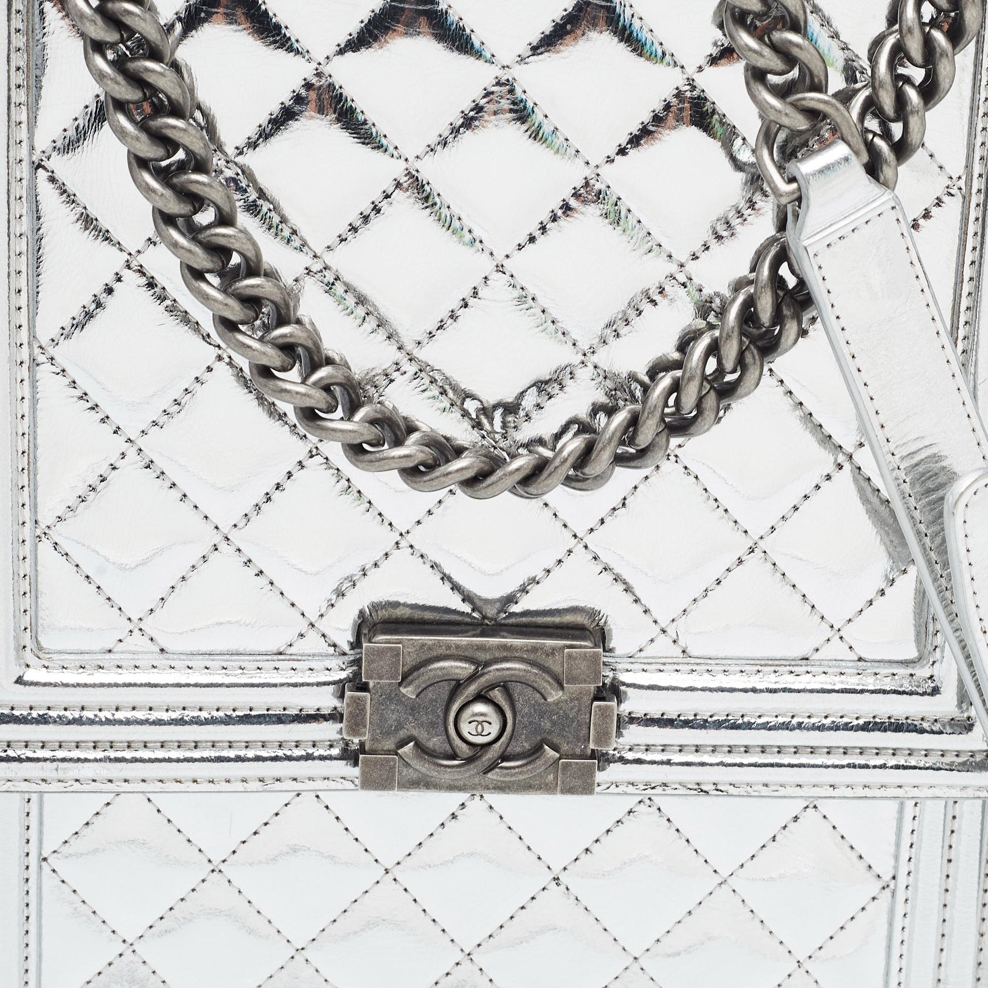 Chanel Silver Quilted Leather North South Boy Flap Bag For Sale 2