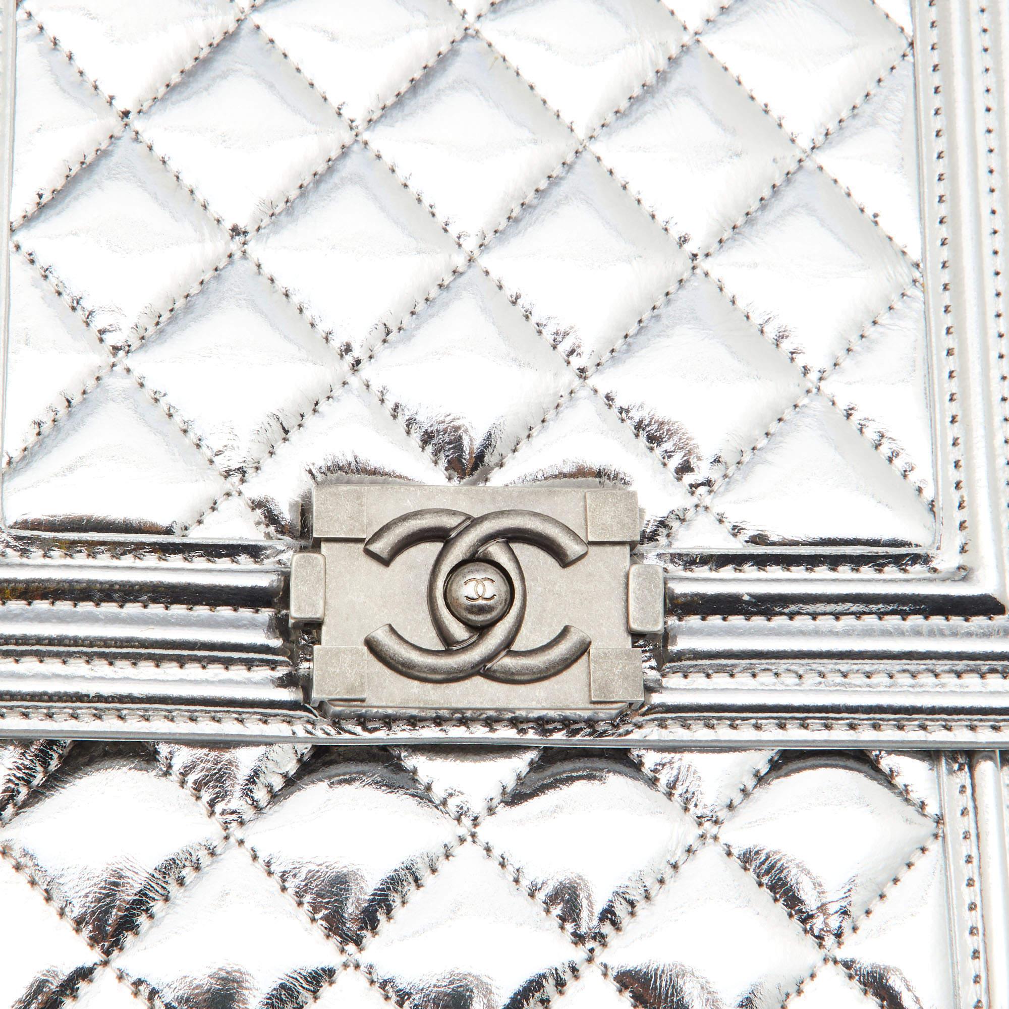 Chanel Silver Quilted Leather North South Boy Flap Bag 3