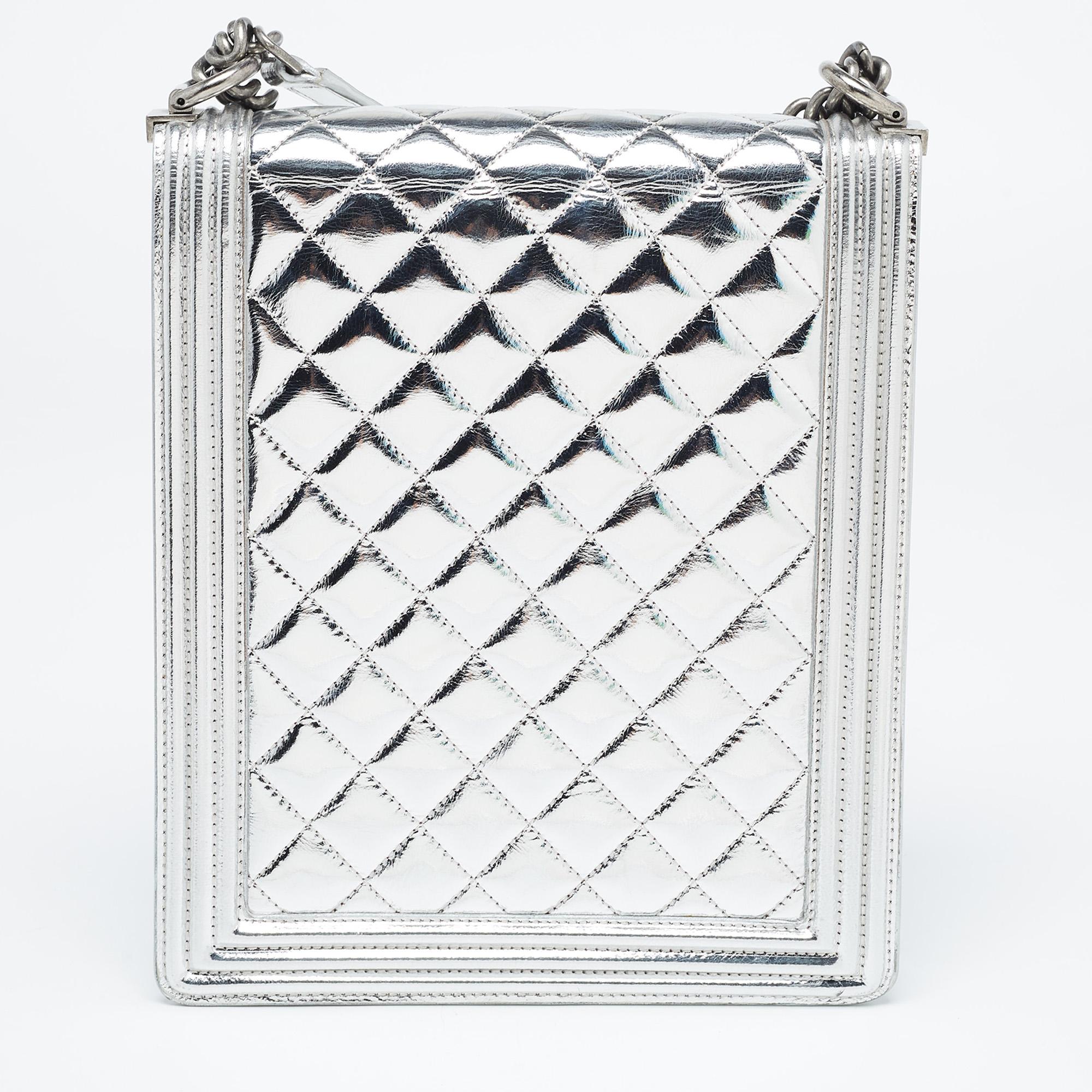 Chanel Silver Quilted Leather North South Boy Flap Bag For Sale 5