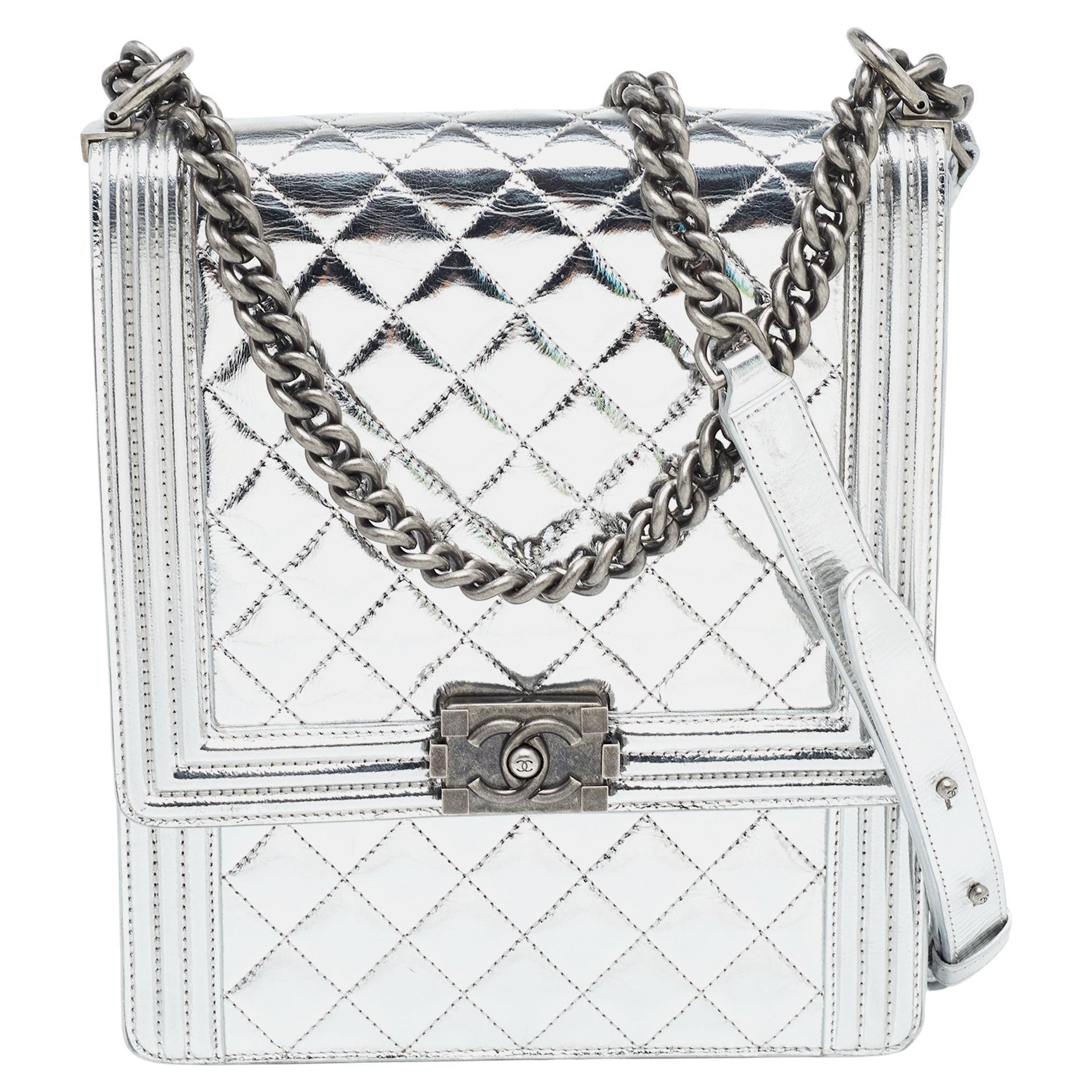 Chanel Silver Quilted Leather North South Boy Flap Bag For Sale