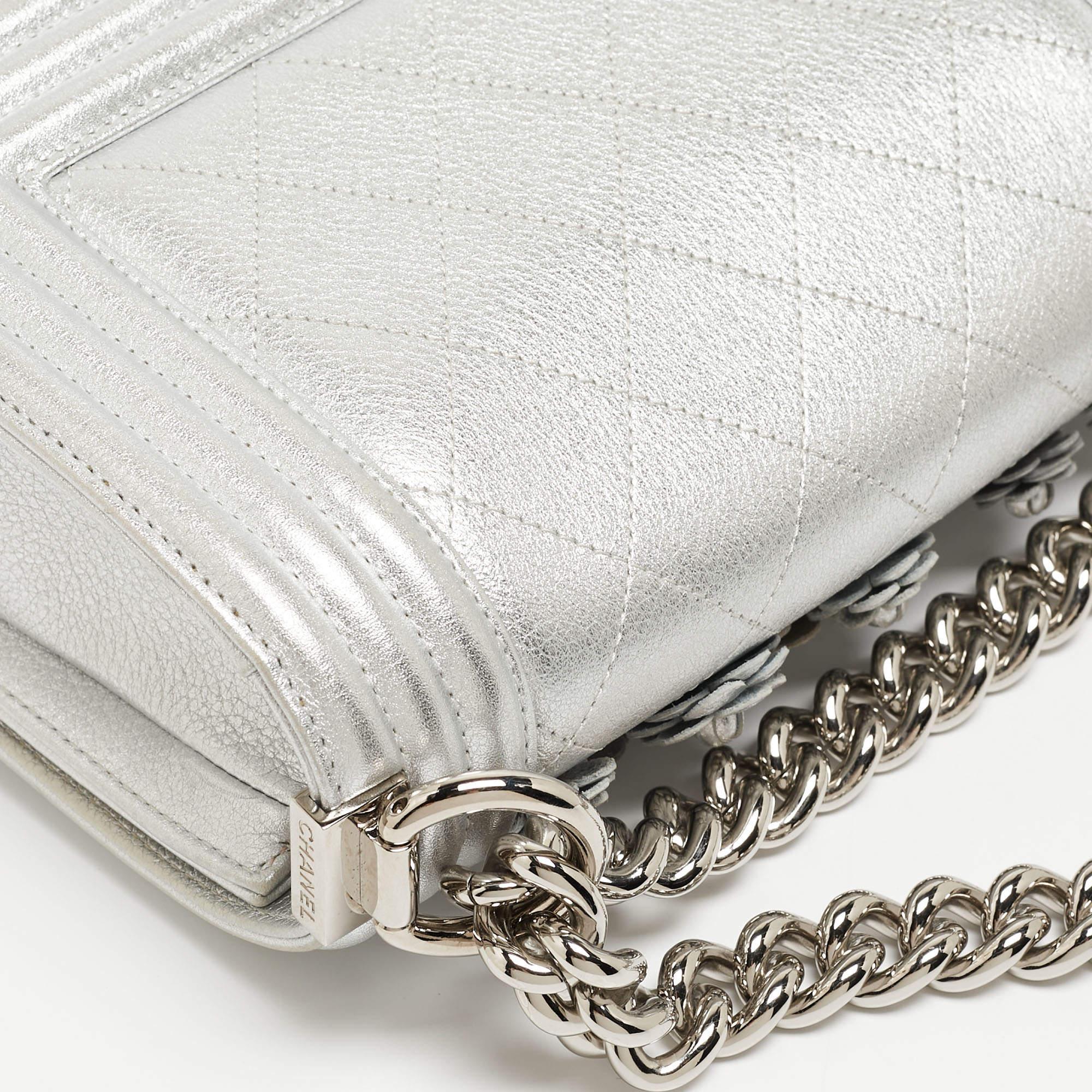 Chanel Silver Quilted Leather Small Camellia Applique Boy Flap Bag 6