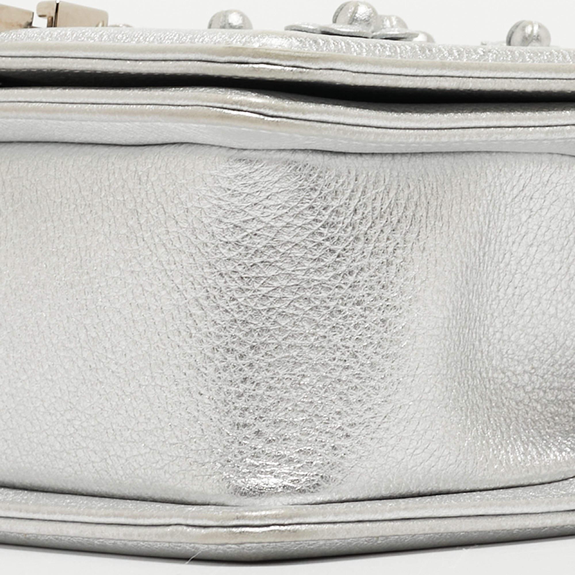 Chanel Silver Quilted Leather Small Camellia Applique Boy Flap Bag For Sale 9