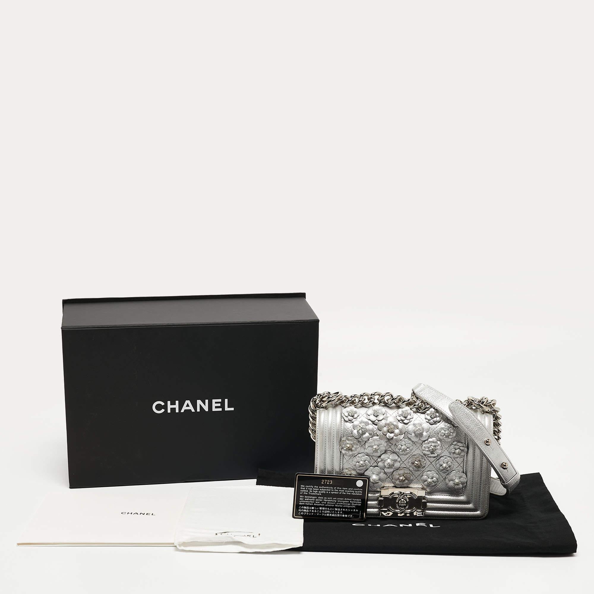 Chanel Silver Quilted Leather Small Camellia Applique Boy Flap Bag For Sale 12
