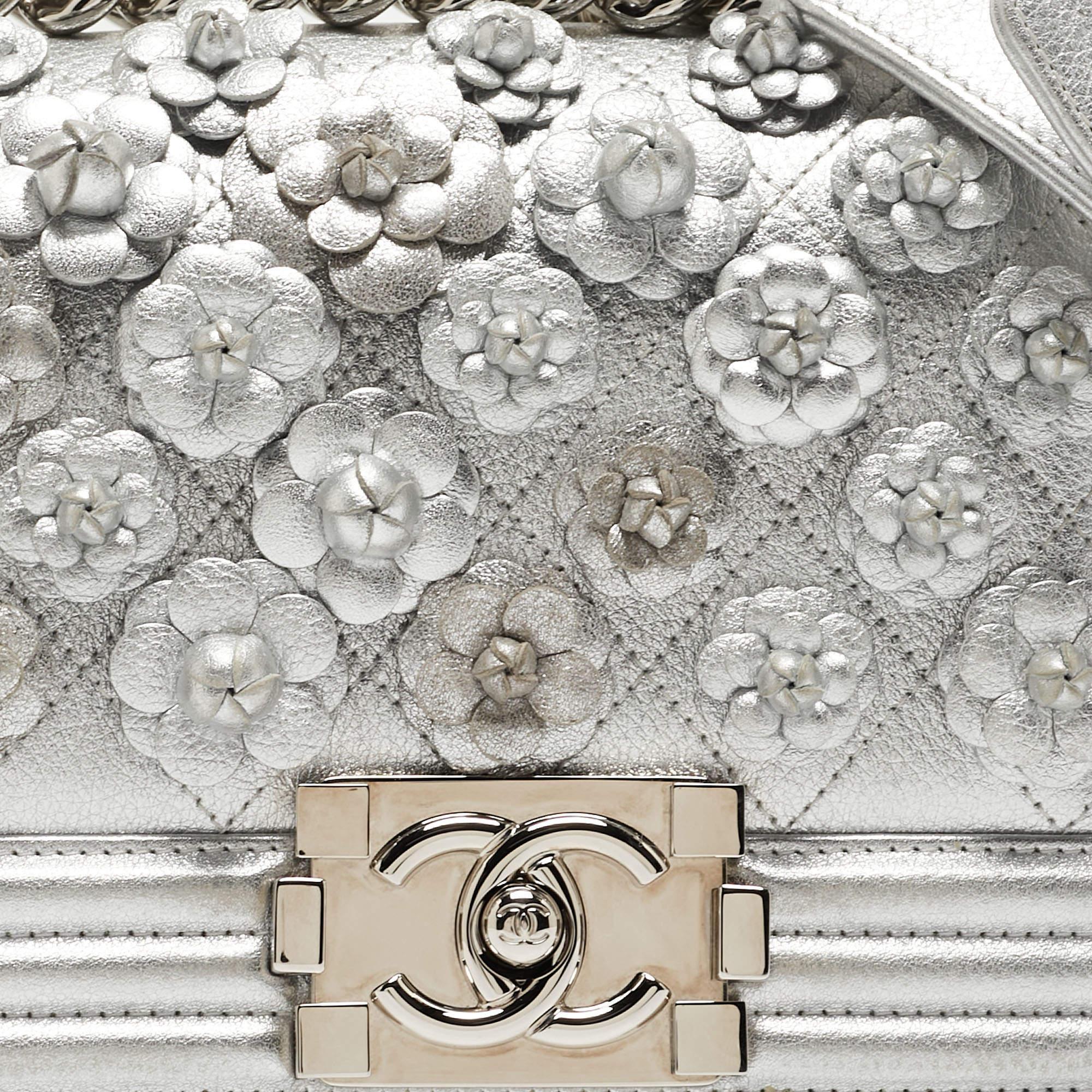 Chanel Silver Quilted Leather Small Camellia Applique Boy Flap Bag For Sale 15