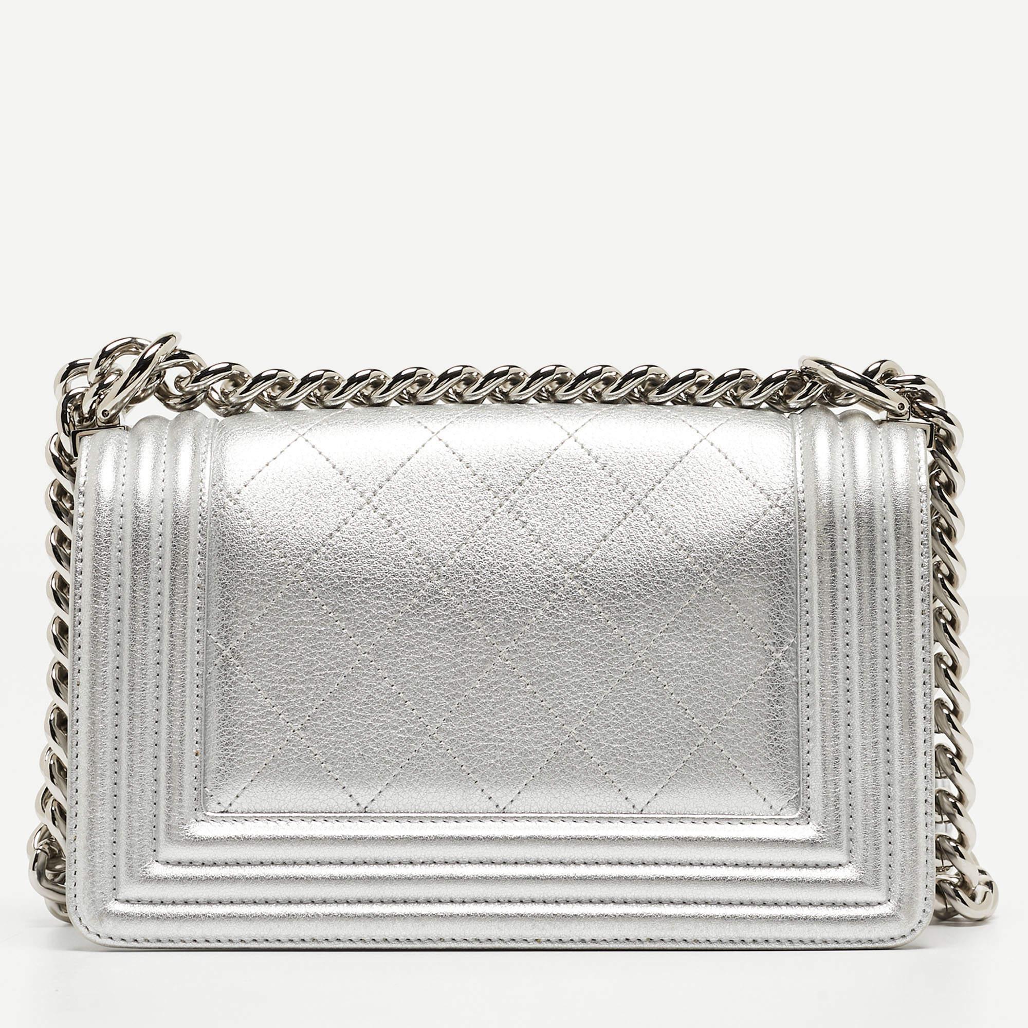 Chanel Silver Quilted Leather Small Camellia Applique Boy Flap Bag 2