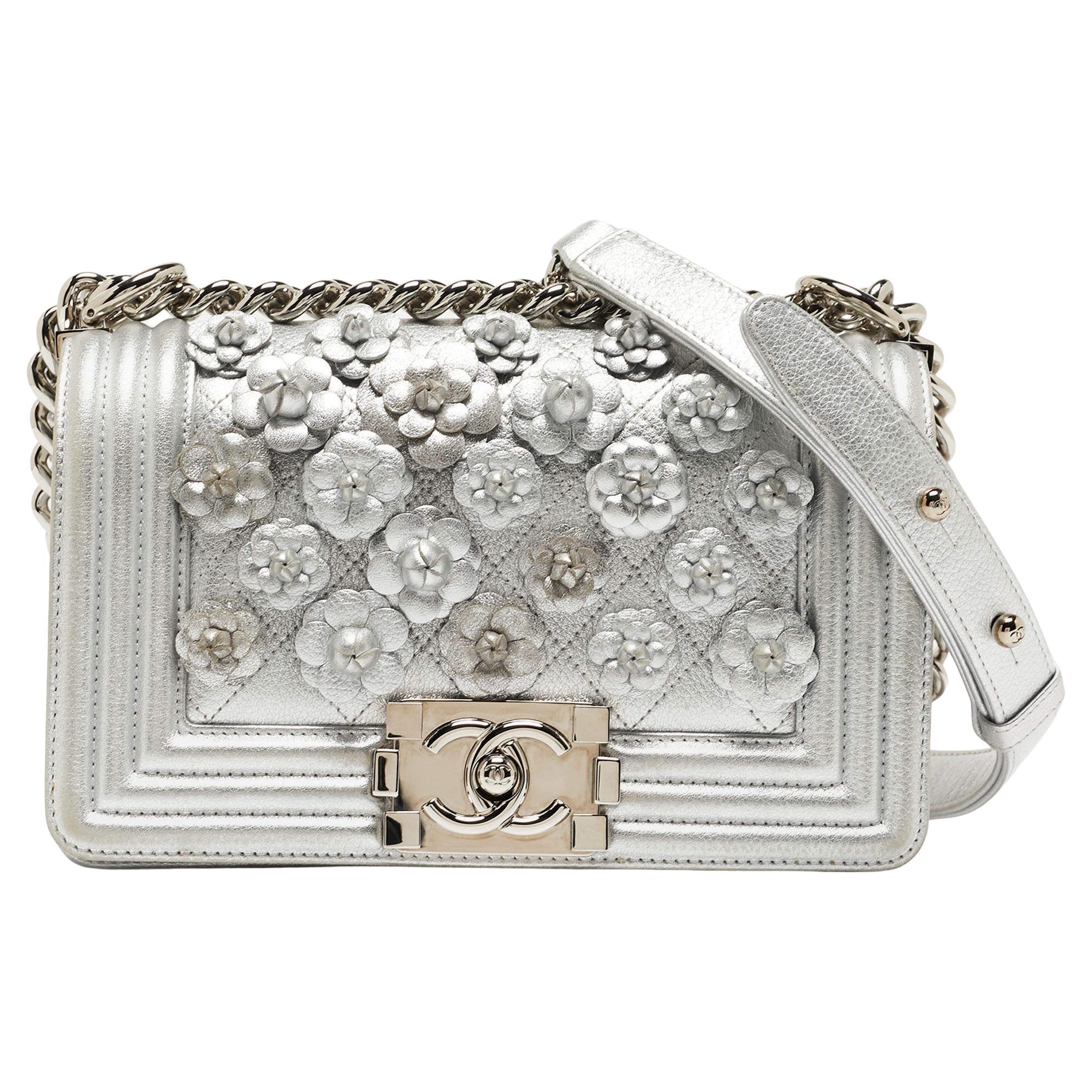 Chanel Silver Quilted Leather Small Camellia Applique Boy Flap Bag For Sale