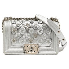 Chanel Silver Quilted Leather Small Camellia Applique Boy Flap Bag