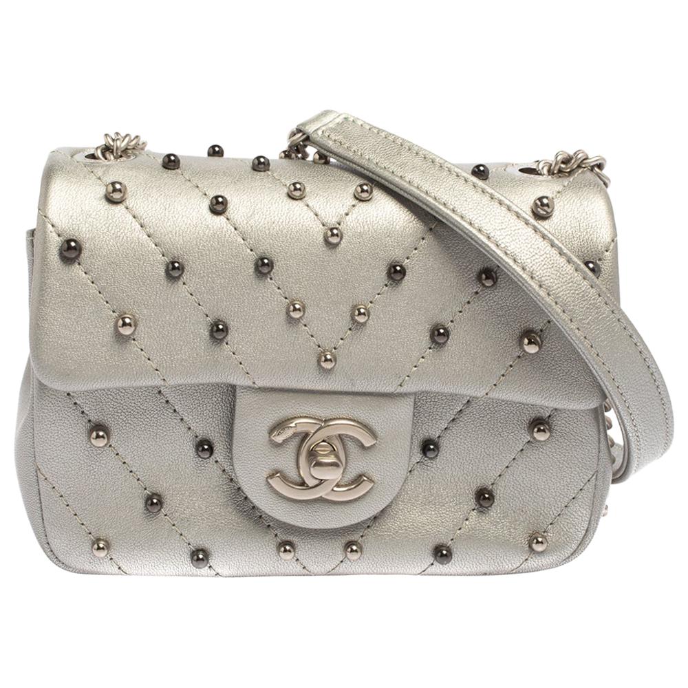 Chanel Silver Quilted Leather Studded Mini Flap Bag at 1stDibs