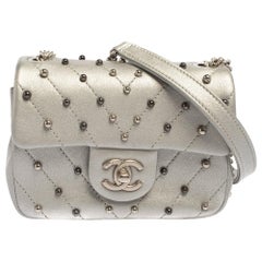 Chanel Silver Quilted Leather Studded Mini Flap Bag