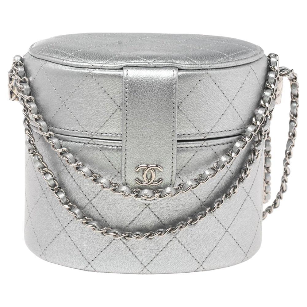 Chanel Iridescent Metallic Silver Python Bowler Chain Boston Bag 671cas318