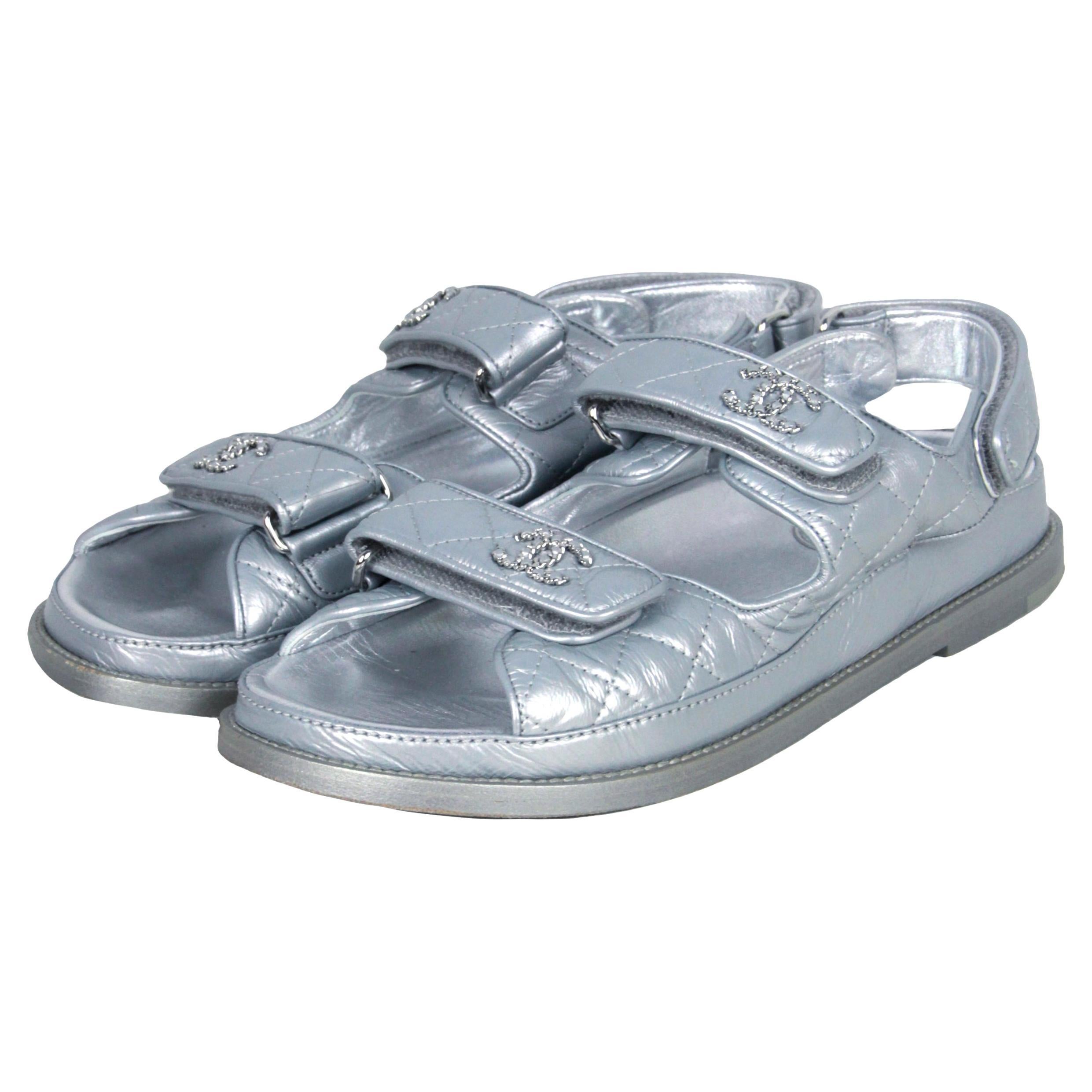 Chanel Silver Quilted Leather Velcro Dad Sandals sz 38 For Sale at 1stDibs
