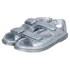 Chanel Silver Quilted Leather Velcro Dad Sandals sz 38