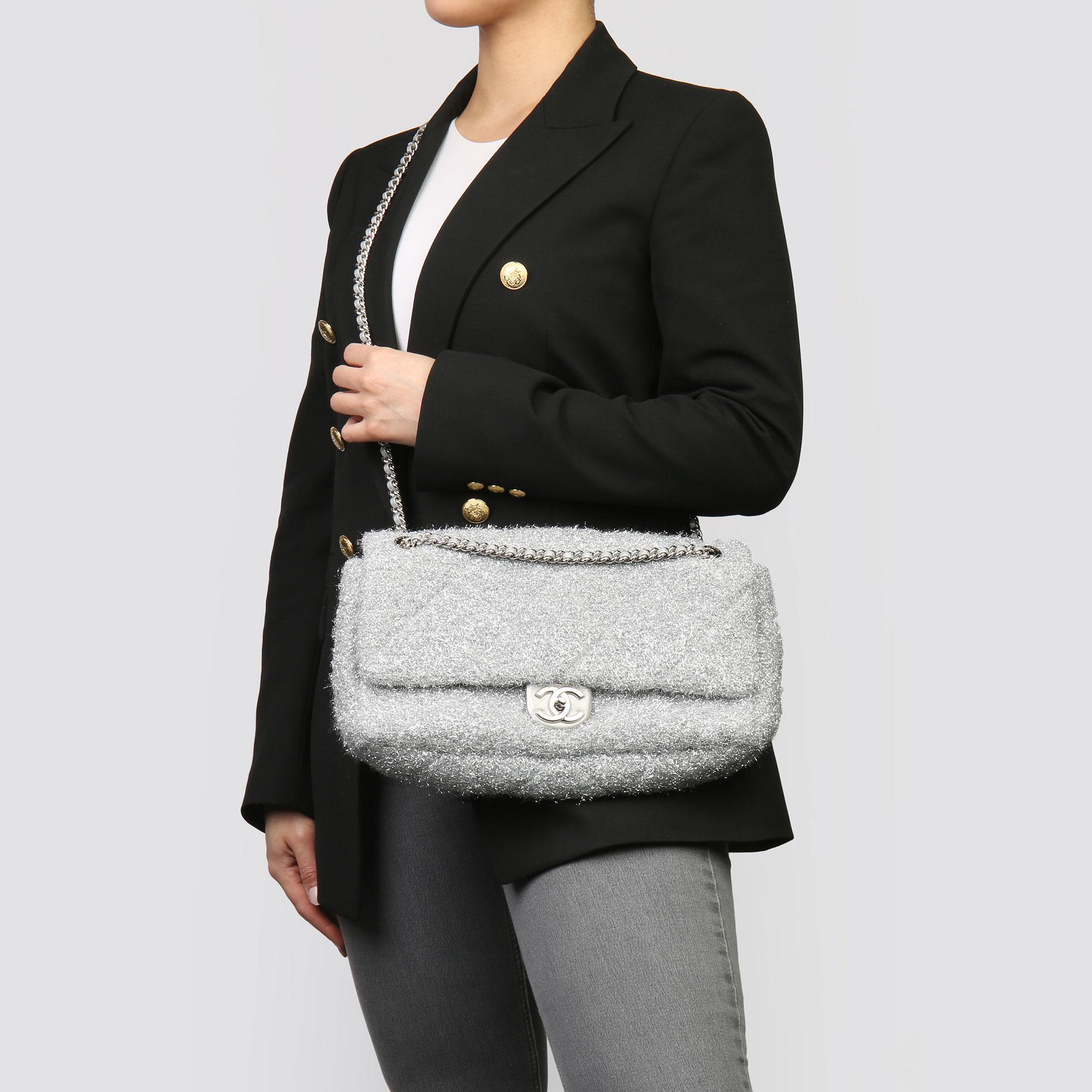 Chanel Silver Quilted Lurex Jumbo Pluto Glitter Flap Bag 4